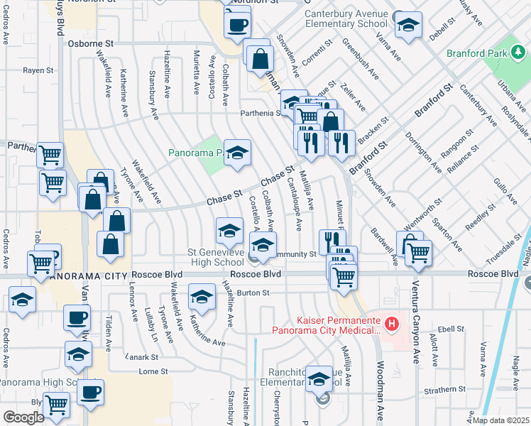 map of restaurants, bars, coffee shops, grocery stores, and more near 8443 Colbath Avenue in Los Angeles
