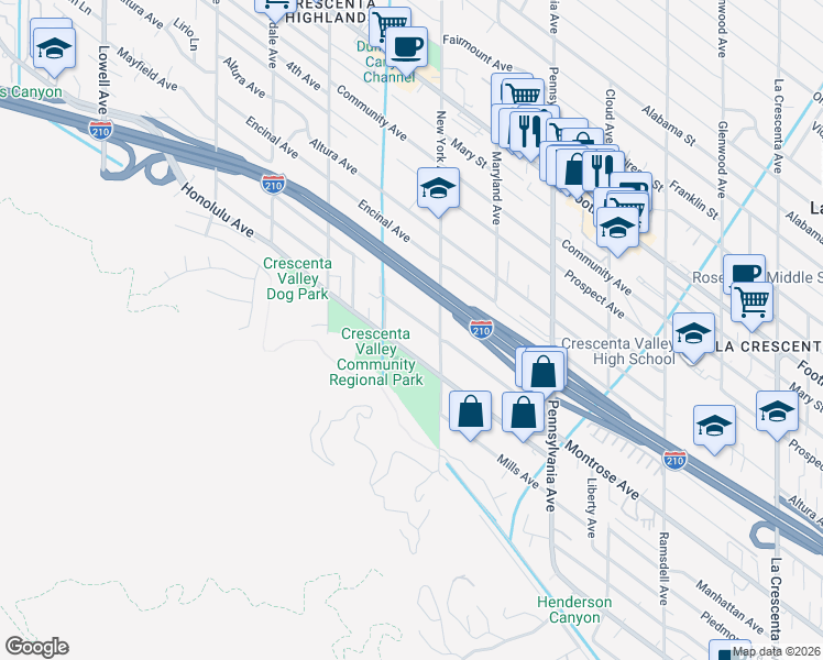 map of restaurants, bars, coffee shops, grocery stores, and more near 3429 Honolulu Avenue in Glendale