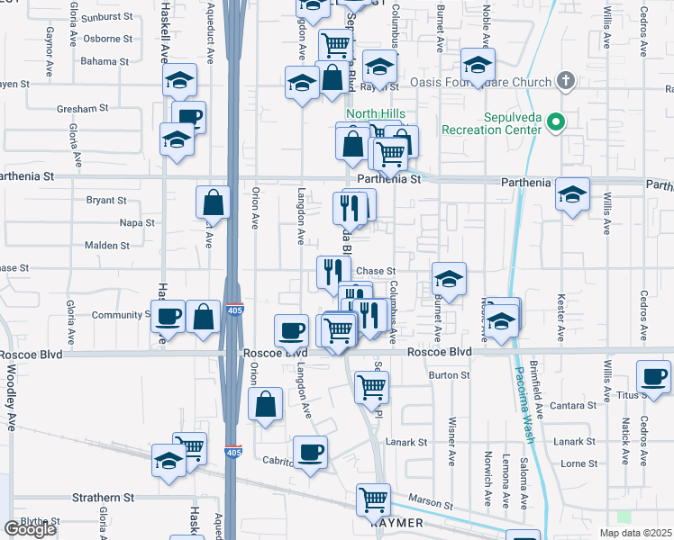 map of restaurants, bars, coffee shops, grocery stores, and more near 8441 Sepulveda Boulevard in Los Angeles