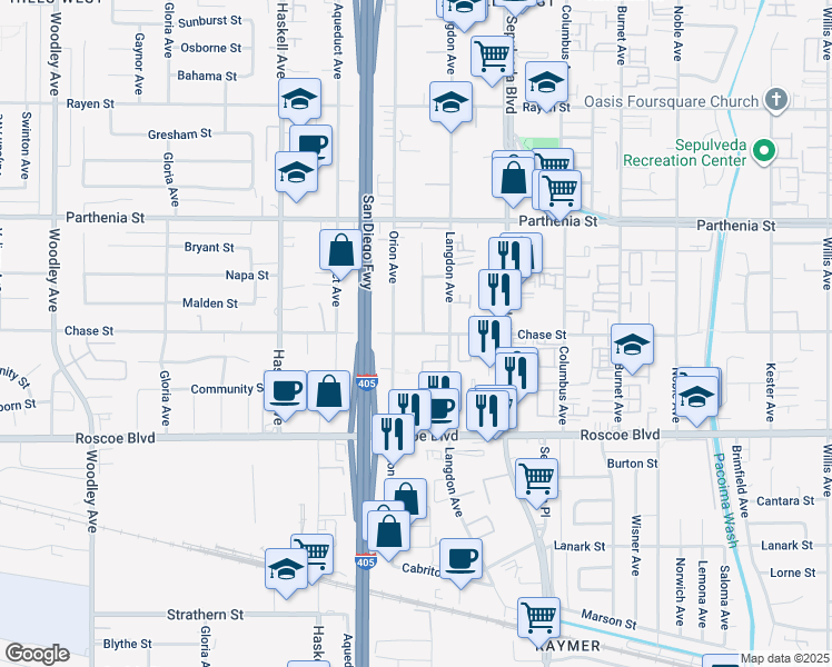 map of restaurants, bars, coffee shops, grocery stores, and more near 15546 Chase Street in Los Angeles