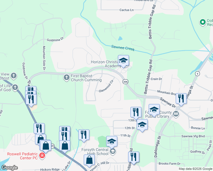 map of restaurants, bars, coffee shops, grocery stores, and more near 1660 Glenwood Circle in Cumming