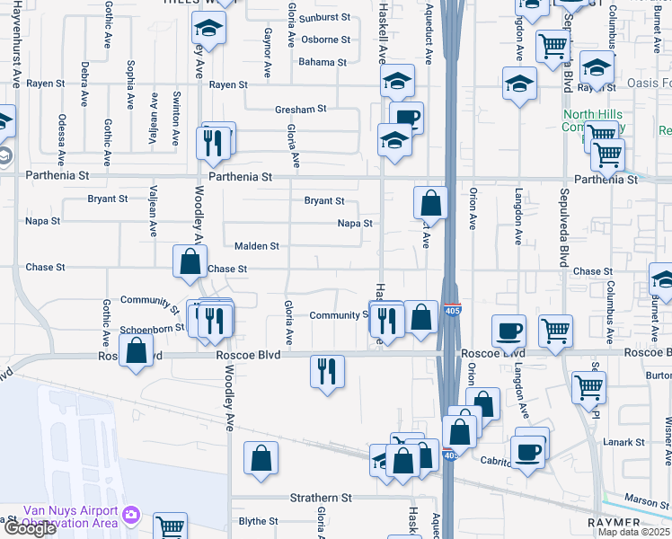 map of restaurants, bars, coffee shops, grocery stores, and more near Chase St in Los Angeles