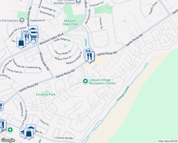 map of restaurants, bars, coffee shops, grocery stores, and more near 13218 Village 13 in Camarillo