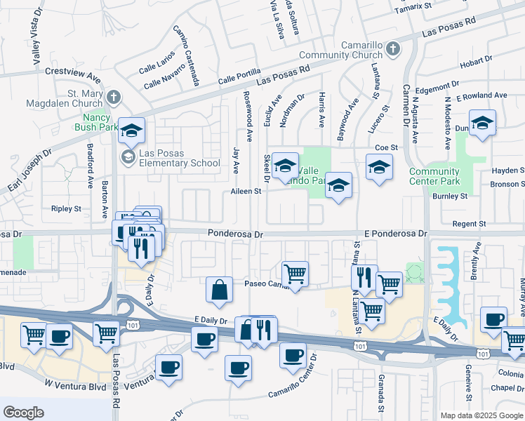 map of restaurants, bars, coffee shops, grocery stores, and more near 724 Rosewood Avenue in Camarillo
