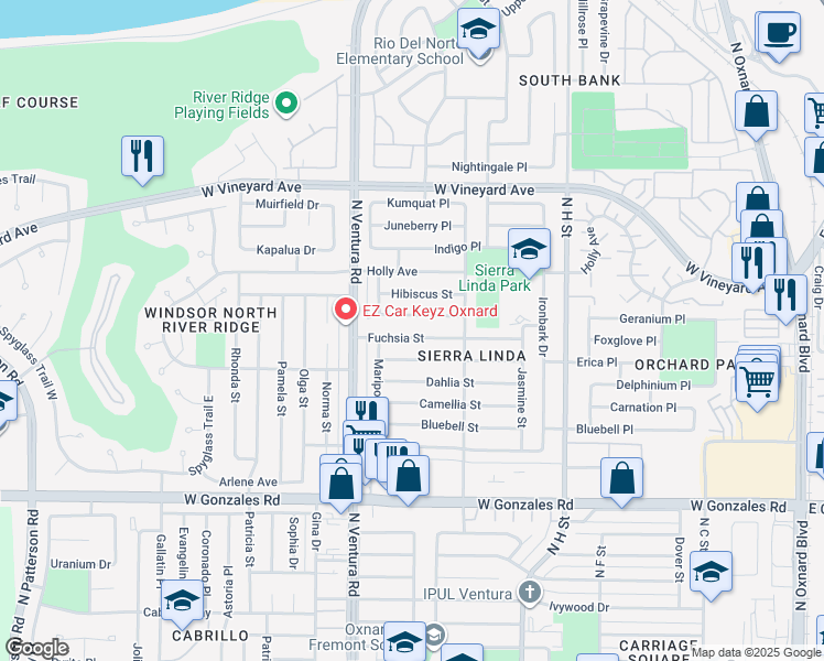 map of restaurants, bars, coffee shops, grocery stores, and more near 1311 Fuchsia Street in Oxnard
