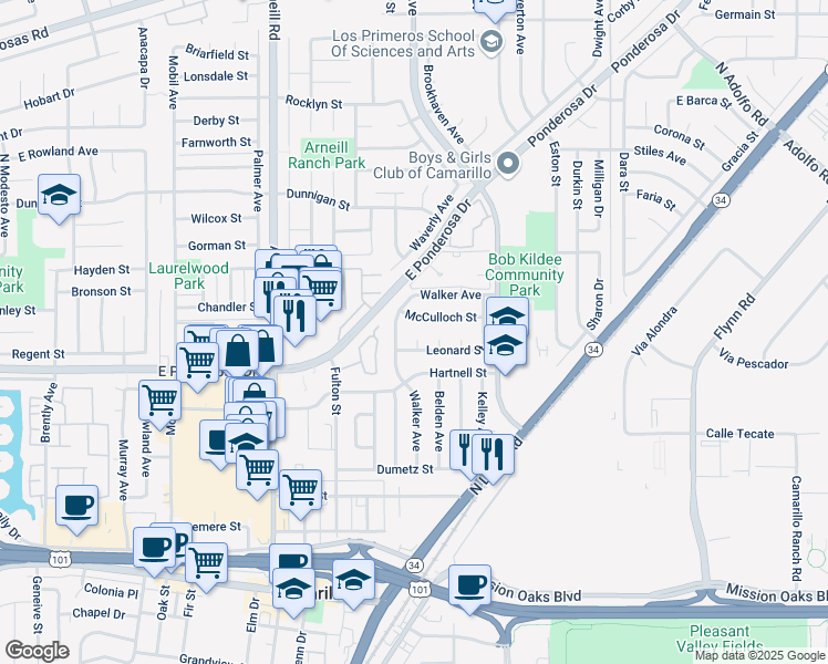 map of restaurants, bars, coffee shops, grocery stores, and more near 598 Walker Avenue in Camarillo