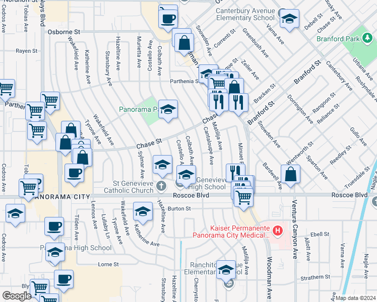 map of restaurants, bars, coffee shops, grocery stores, and more near 8443 Colbath Avenue in Los Angeles