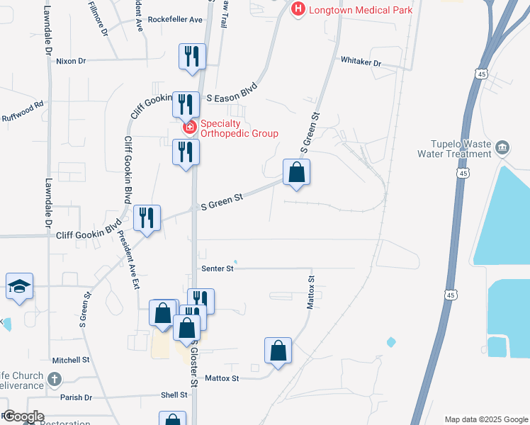 map of restaurants, bars, coffee shops, grocery stores, and more near 1701-1745 South Green Street in Tupelo