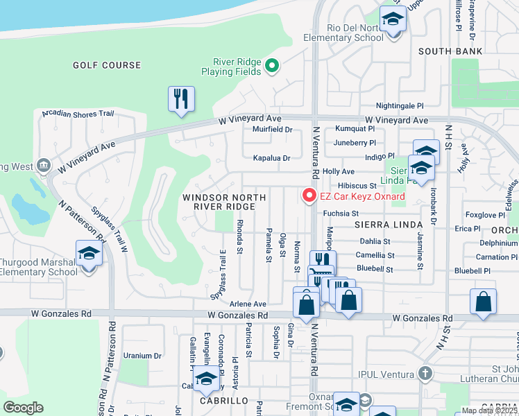 map of restaurants, bars, coffee shops, grocery stores, and more near 2130 Patricia Street in Oxnard