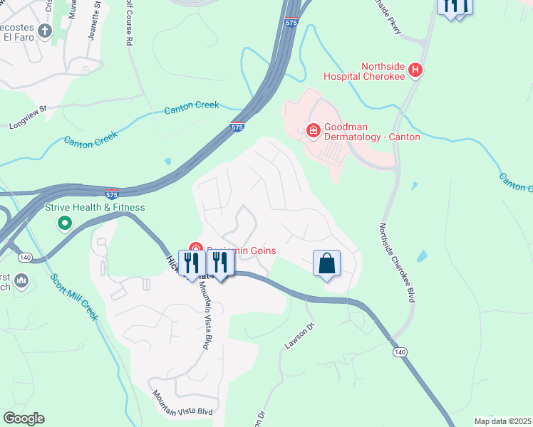 map of restaurants, bars, coffee shops, grocery stores, and more near 3759 Cherokee Overlook Drive in Canton