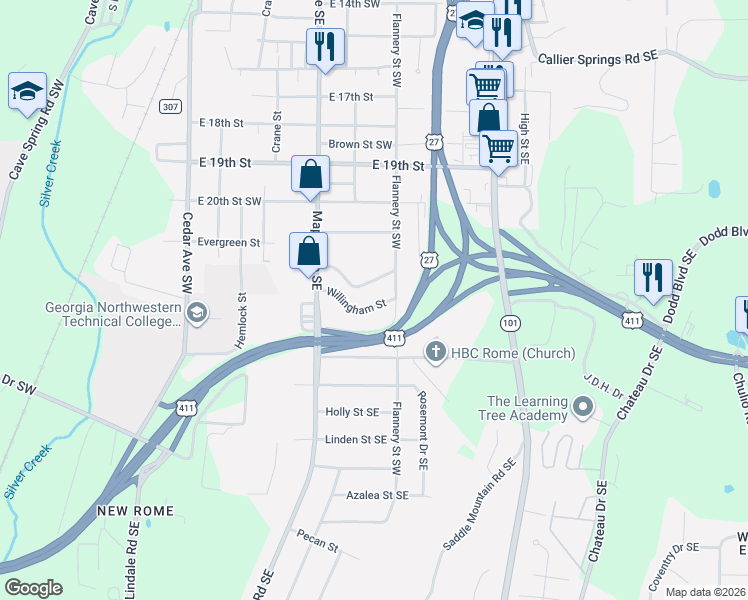 map of restaurants, bars, coffee shops, grocery stores, and more near 17 Worsham Street in Rome