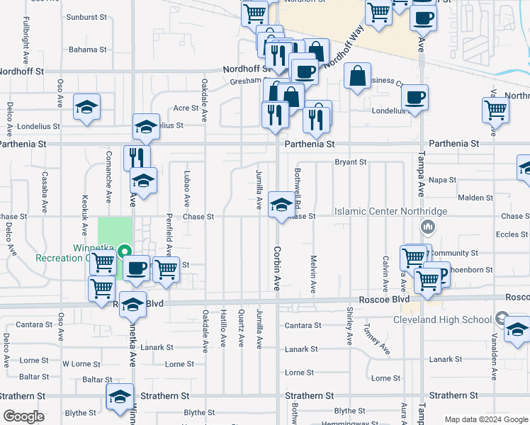 map of restaurants, bars, coffee shops, grocery stores, and more near 19717 Chase Street in Los Angeles