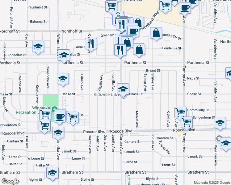 map of restaurants, bars, coffee shops, grocery stores, and more near 19717 Chase Street in Los Angeles