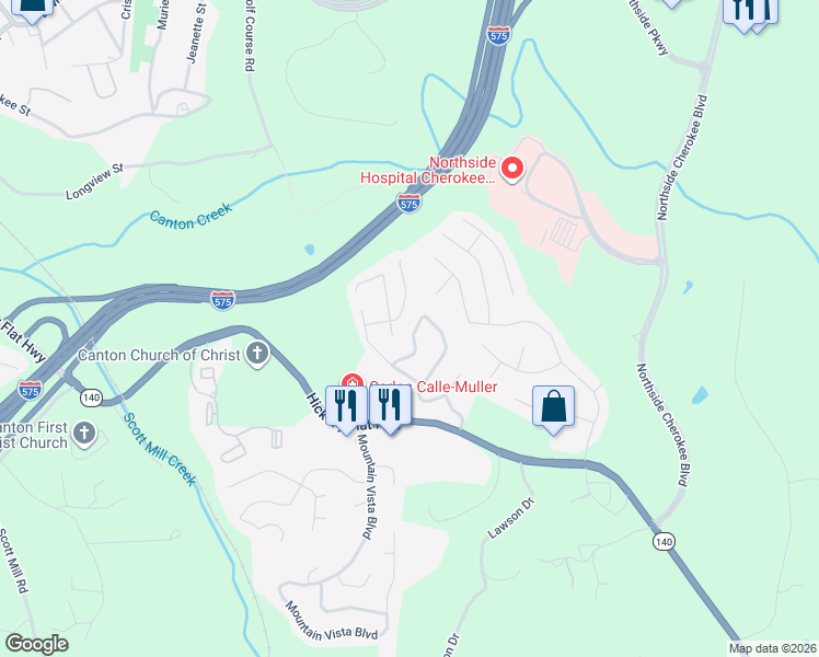 map of restaurants, bars, coffee shops, grocery stores, and more near 510 Hillcrest Cross Road in Canton