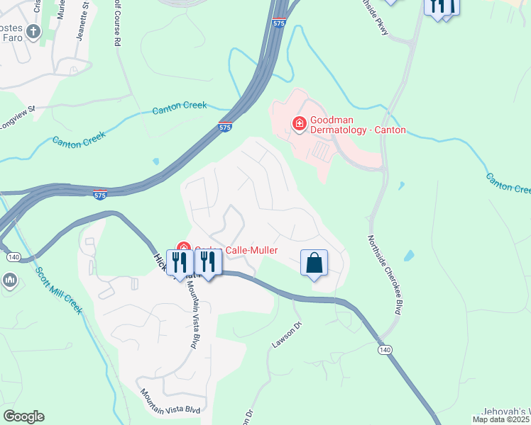 map of restaurants, bars, coffee shops, grocery stores, and more near 3749 Cherokee Overlook Drive in Canton