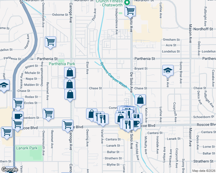 map of restaurants, bars, coffee shops, grocery stores, and more near 8526 Morningstar Lane in Los Angeles