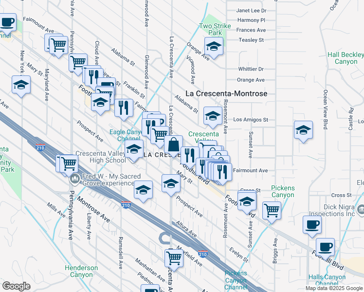 map of restaurants, bars, coffee shops, grocery stores, and more near 2751 Fairmount Avenue in La Crescenta-Montrose