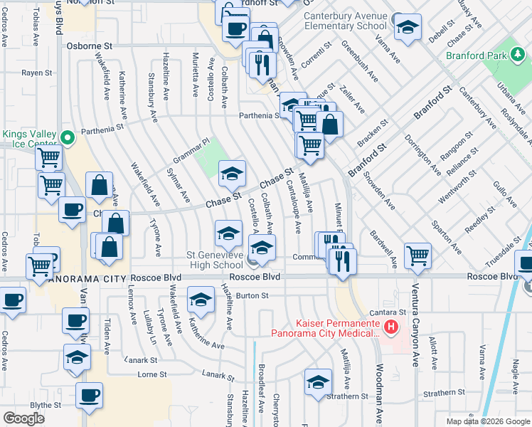 map of restaurants, bars, coffee shops, grocery stores, and more near 8508 Costello Avenue in Los Angeles
