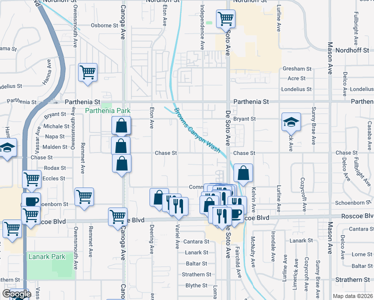 map of restaurants, bars, coffee shops, grocery stores, and more near 8526 Morningstar Lane in Los Angeles