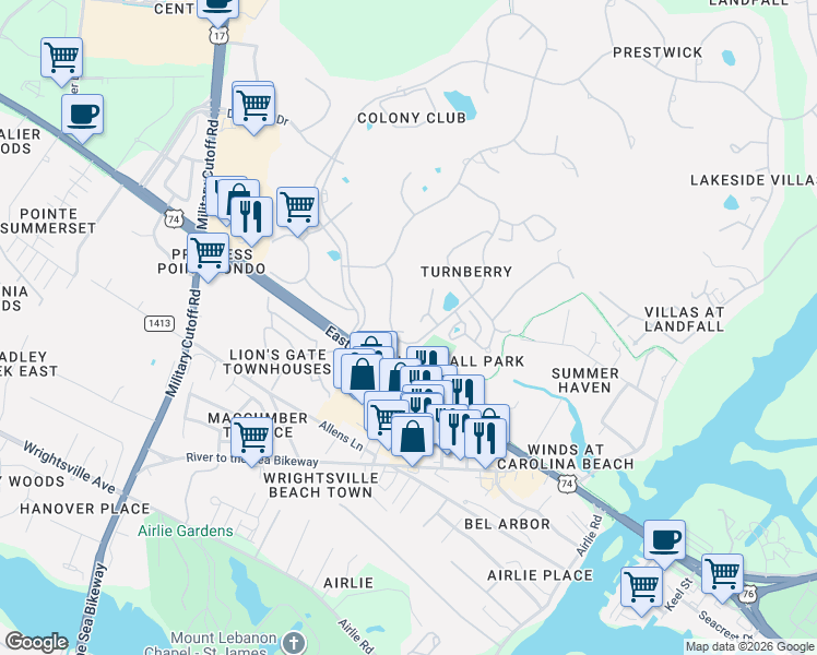 map of restaurants, bars, coffee shops, grocery stores, and more near 2002 Leith Ct in Wilmington