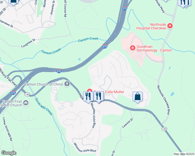map of restaurants, bars, coffee shops, grocery stores, and more near 507 Hillcrest Cross Road in Canton