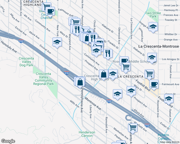 map of restaurants, bars, coffee shops, grocery stores, and more near 3116 Evelyn Street in La Crescenta-Montrose