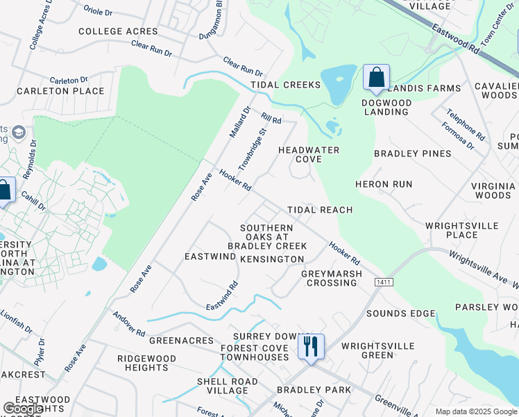 map of restaurants, bars, coffee shops, grocery stores, and more near 6109 Teal St in Wilmington