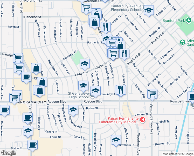 map of restaurants, bars, coffee shops, grocery stores, and more near 8447 Colbath Avenue in Los Angeles