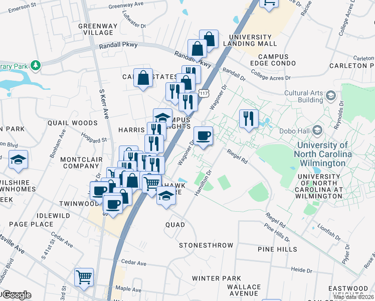 map of restaurants, bars, coffee shops, grocery stores, and more near Wagoner Dr in Wilmington