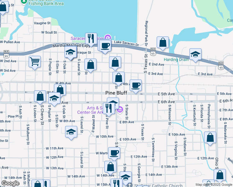 map of restaurants, bars, coffee shops, grocery stores, and more near in Pine Bluff