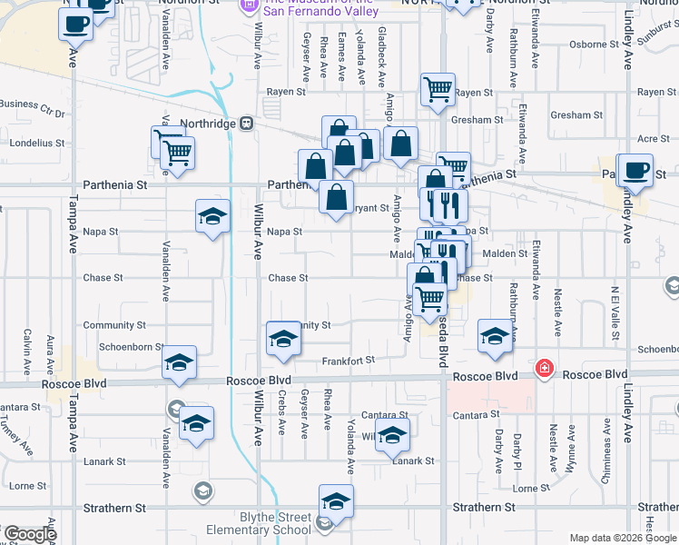 map of restaurants, bars, coffee shops, grocery stores, and more near 18719 Chase Street in Los Angeles