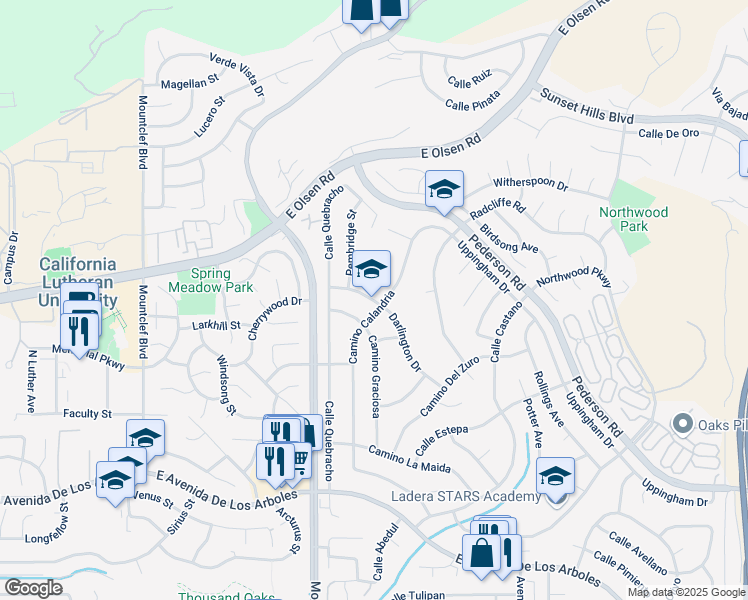 map of restaurants, bars, coffee shops, grocery stores, and more near 3151 Darlington Drive in Thousand Oaks