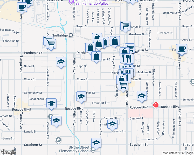map of restaurants, bars, coffee shops, grocery stores, and more near 18719 Chase Street in Los Angeles