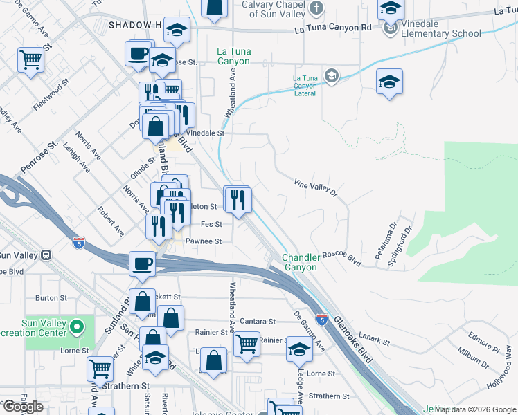 map of restaurants, bars, coffee shops, grocery stores, and more near 8501 Glencrest Drive in Los Angeles