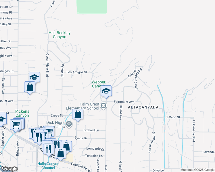 map of restaurants, bars, coffee shops, grocery stores, and more near 5200 Jessen Drive in La Cañada Flintridge