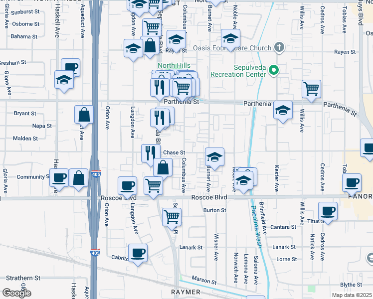 map of restaurants, bars, coffee shops, grocery stores, and more near 8510 Columbus Avenue in Los Angeles