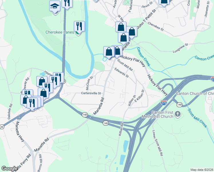 map of restaurants, bars, coffee shops, grocery stores, and more near 690 Marietta Road in Canton