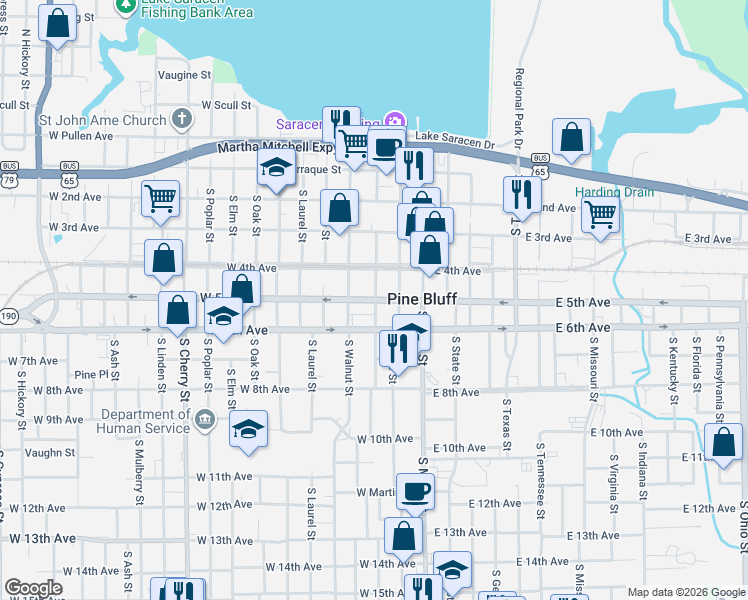 map of restaurants, bars, coffee shops, grocery stores, and more near 304 West 5th Avenue in Pine Bluff