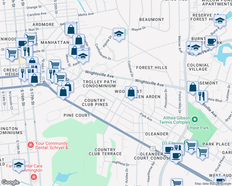 map of restaurants, bars, coffee shops, grocery stores, and more near 1209 Hill Street in Wilmington