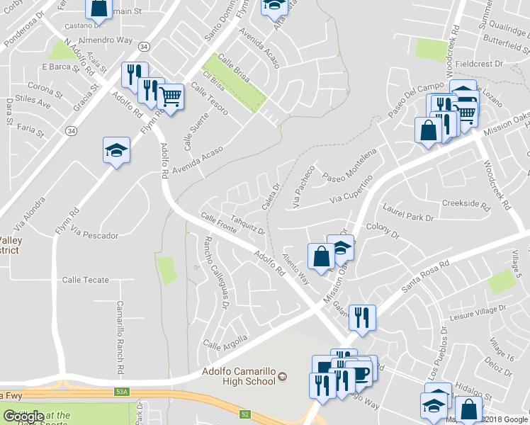 map of restaurants, bars, coffee shops, grocery stores, and more near 59 Caleta Drive in Camarillo