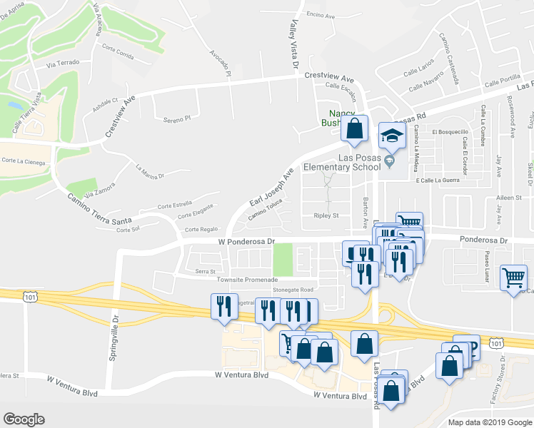 map of restaurants, bars, coffee shops, grocery stores, and more near 238 Camino Toluca in Camarillo