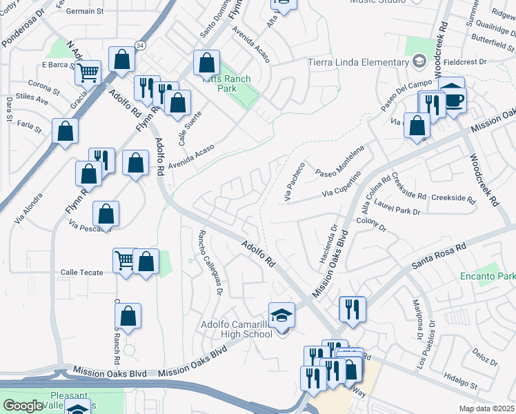 map of restaurants, bars, coffee shops, grocery stores, and more near 59 Caleta Drive in Camarillo