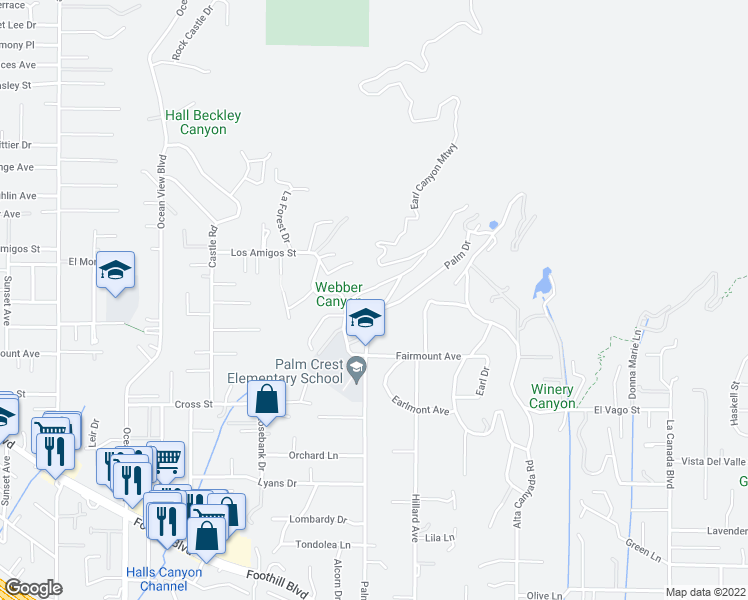 map of restaurants, bars, coffee shops, grocery stores, and more near 5200 Jessen Drive in La Cañada Flintridge