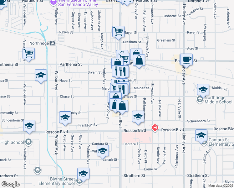 map of restaurants, bars, coffee shops, grocery stores, and more near 8525 Reseda Boulevard in Los Angeles