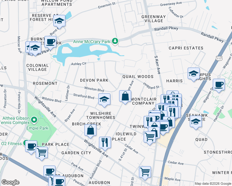map of restaurants, bars, coffee shops, grocery stores, and more near 3805 Winston Boulevard in Wilmington