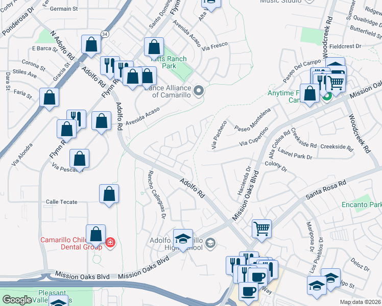 map of restaurants, bars, coffee shops, grocery stores, and more near 59 Caleta Drive in Camarillo