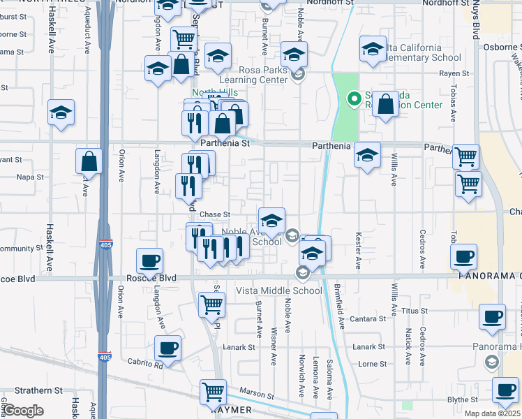 map of restaurants, bars, coffee shops, grocery stores, and more near 8527 Burnet Avenue in Los Angeles