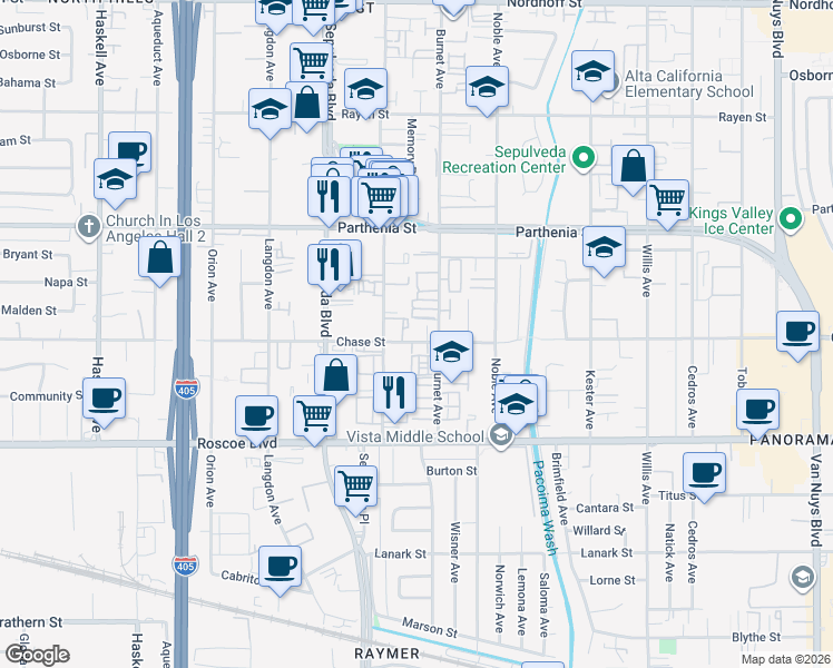 map of restaurants, bars, coffee shops, grocery stores, and more near 8527 Burnet Avenue in Los Angeles