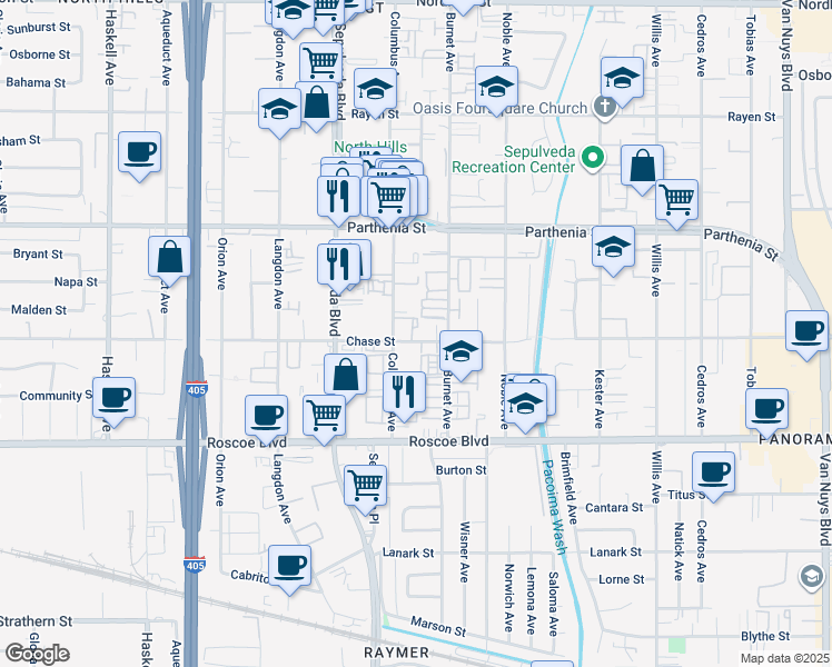 map of restaurants, bars, coffee shops, grocery stores, and more near 8527 Burnet Avenue in Los Angeles