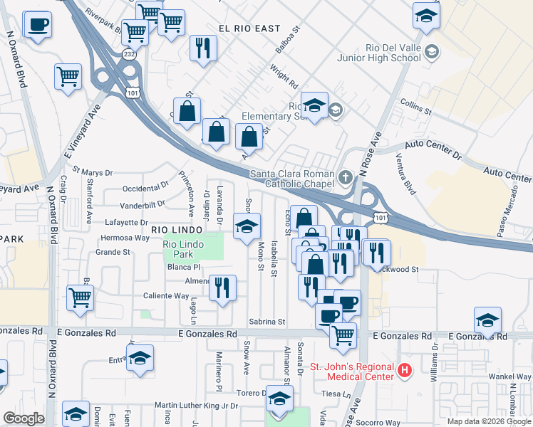 map of restaurants, bars, coffee shops, grocery stores, and more near 2311 Mono Street in Oxnard